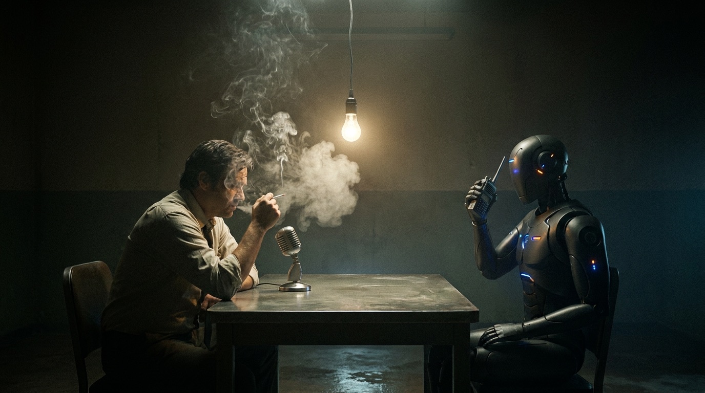 A human investigator and an AI agent talk over radios under a single lamp in a dark, smoky room